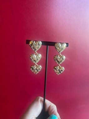 Juicy Couture Fun Gold Quilted 3 drop hearts with sparkling crystals.